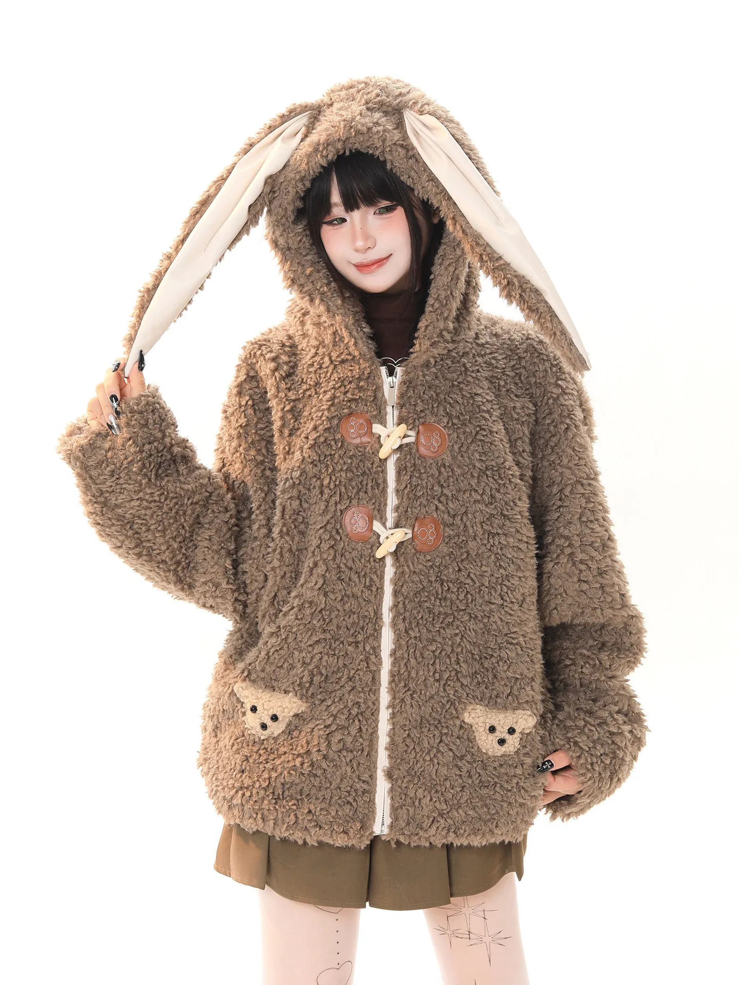 

Sweet Lamb Fur Rabbit Ear Hooded Cotton Jaet Women's Winter New Lazy Loose Thi Warm Super Beautiful Outerwear