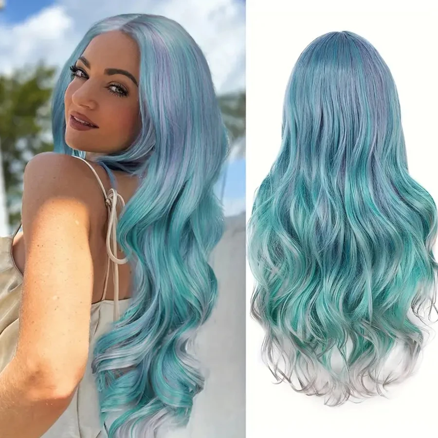 

26-дюймовый смешанный бирюзовый синий серый зеленый длинный волнистый синтетический парик средней части объемные волнистые парики для женщин