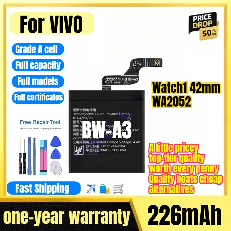 BW-A3 for VIVO Watch1 42mm WA2052 Watch Battery 0Cycle High Quality Capacity Battery Replacement Bateria Grade A Cell with Tools