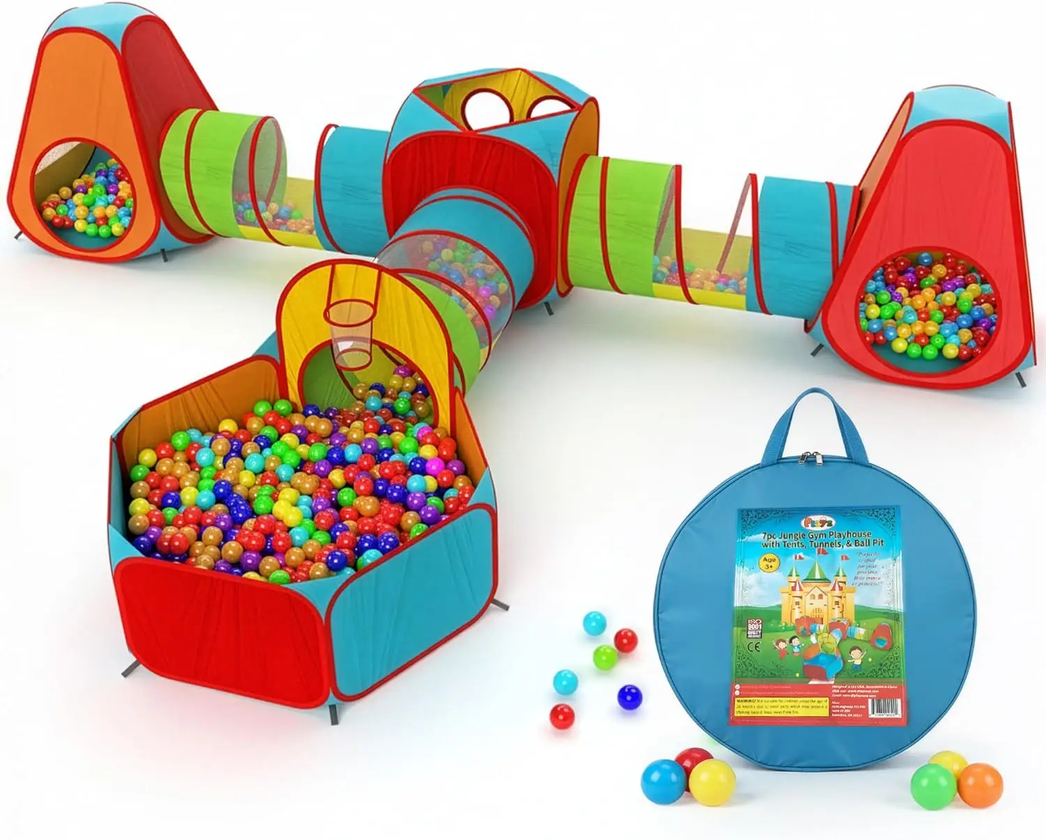 

7pc Kids Play Tent with Ball Pit, Tunnels & Pop-Up Tents for Indoor/Outdoor Fun - Perfect Birthday Gift