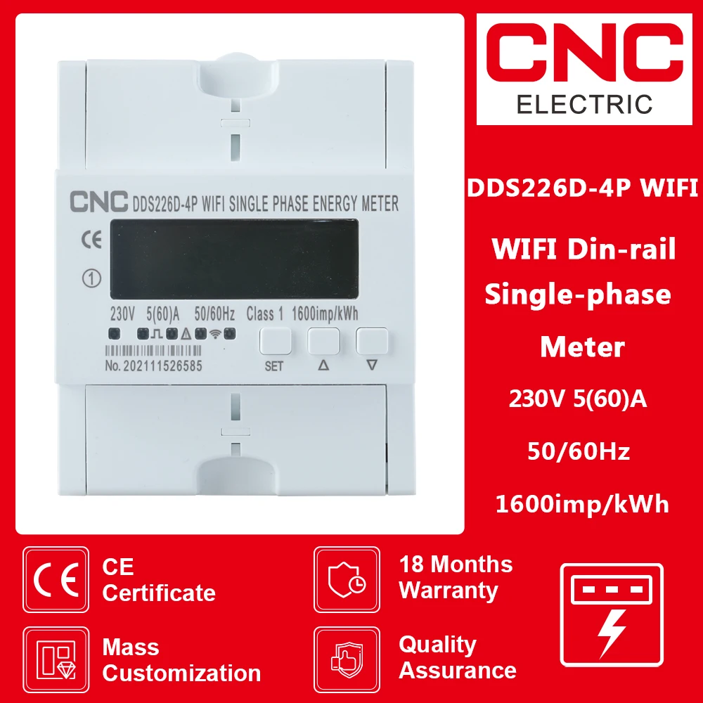 CNC 60A 90-300V TUYA Single Phase WIFI Smart Energy Meter Monitoring Circuit breaker Timer with voltage current protection RS485