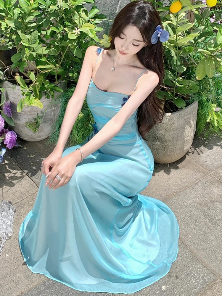 2025 novo azul apliques chique estilingue sexy vestido longo verão elegante bodycon vestido de férias feminino kroean vintage festa vestido de noite