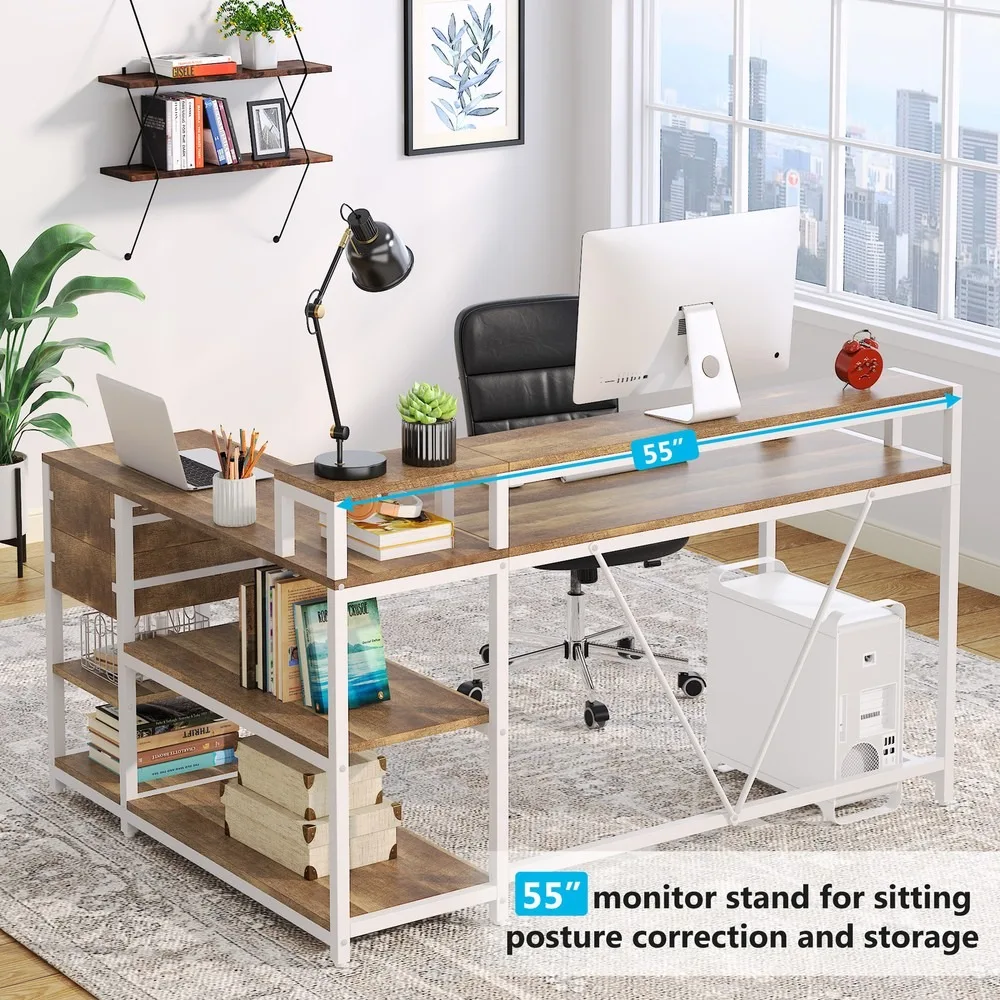 محطة عمل مكتب كمبيوتر على شكل حرف L مع درجين، ورف تخزين، وحامل شاشة #6