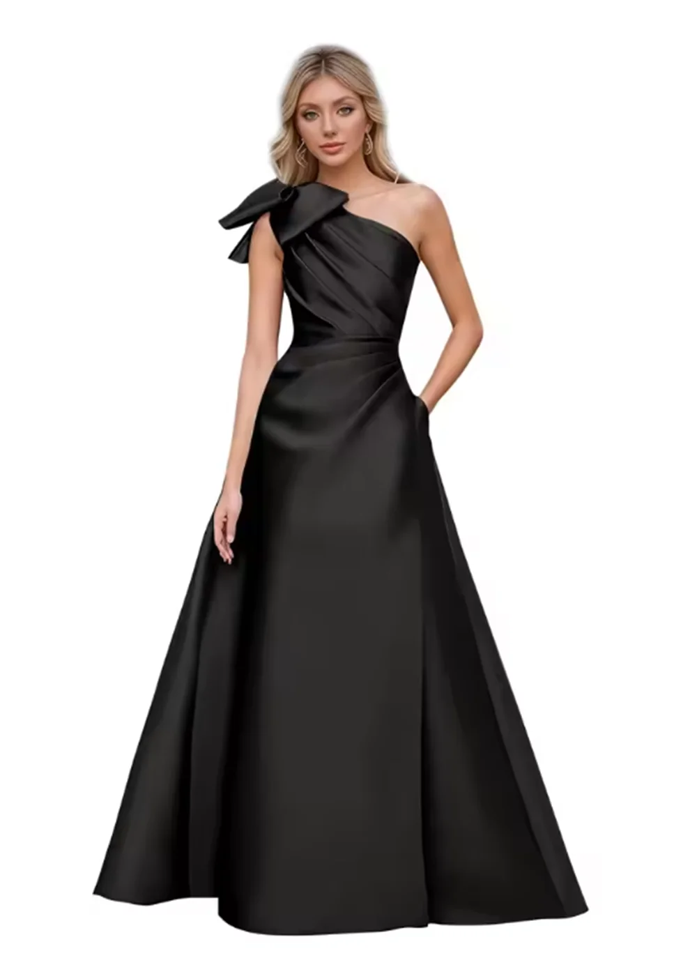 Women’s One Shoulder Prom Dresses Satin Mother of The Bride Dresses A Line Modest Formal Evening Gown with Bow