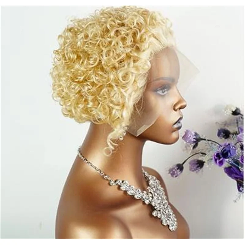 女性ショートピクシーカットブラックブロンドカーリーレースフロントウィッグ人毛ウィッグ