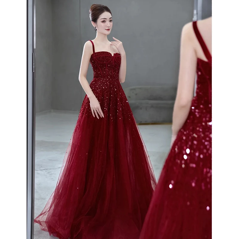 Abito da sera rosso Fidanzamento di lusso Dr Sling Abito da sposa per bere Nuova sposa 2025 Sensazione di fascia alta Coreano Sle Lungo Dr