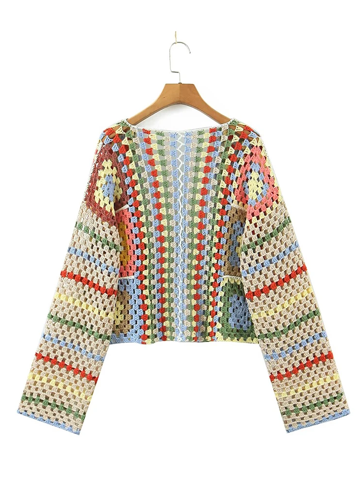 YENKYE Women Fashion 2022 Boho Hand Crochet Sweater Cardigan Vintage Open Stitching Long Sleeve Female Crop Outerwear Chic Tops