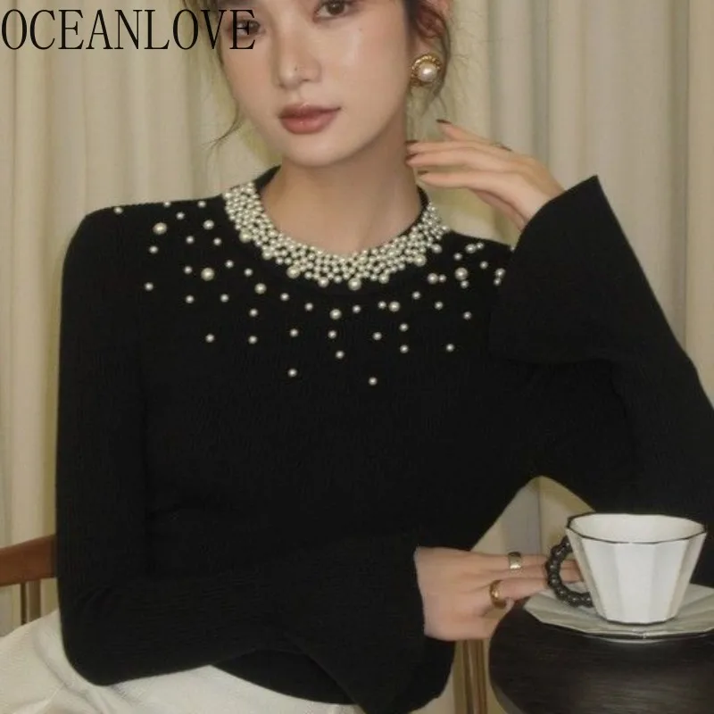 OCEANLOVE Flare Sleeve Autumn Winter Sweaters Women Tops Beading French Style Elegant Pull Femme Fashion Sweet Short Pullovers