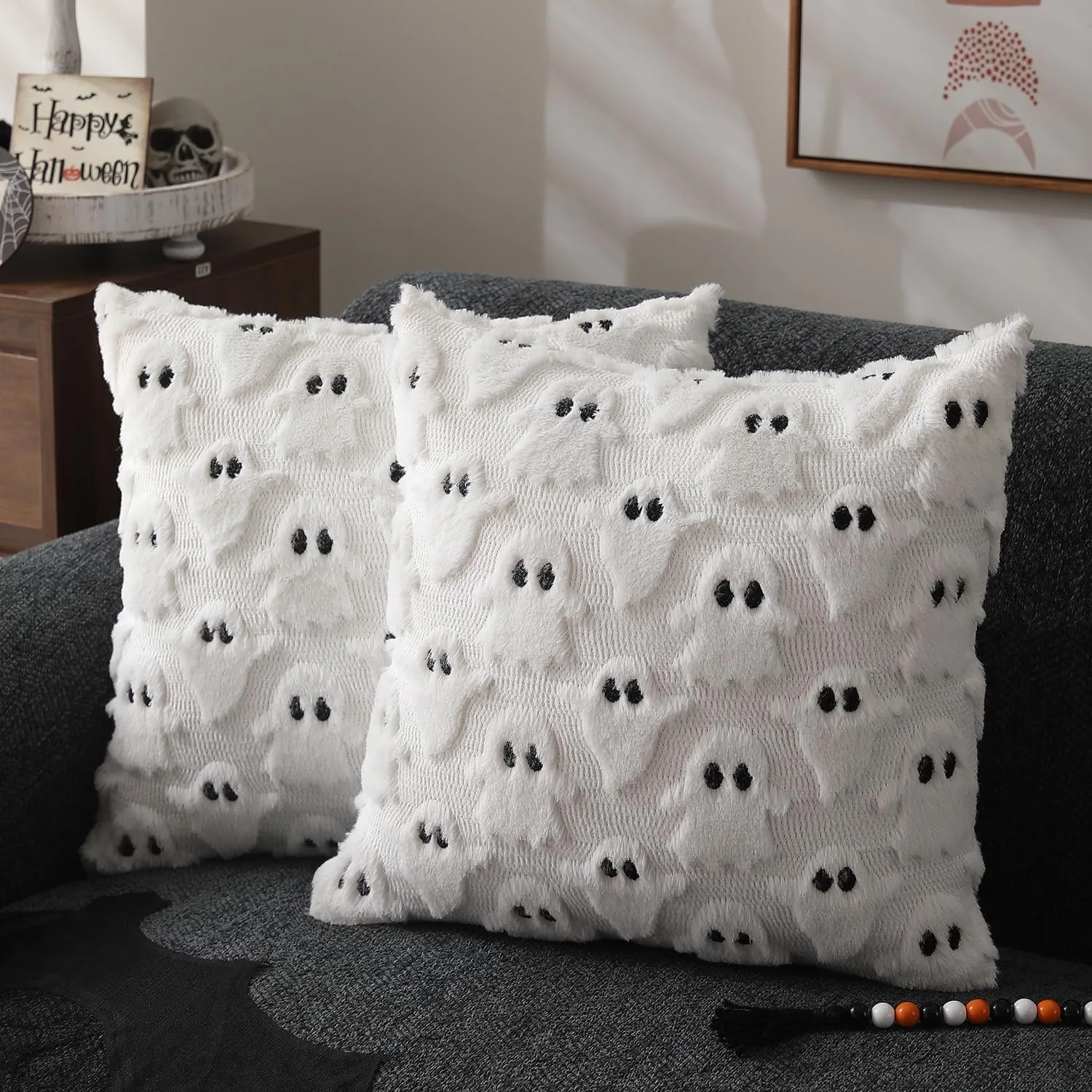 

2pc Halloween decoration pillow cover, 3D white ghost kid embroidery design, sofa cushion cover, holiday party gift