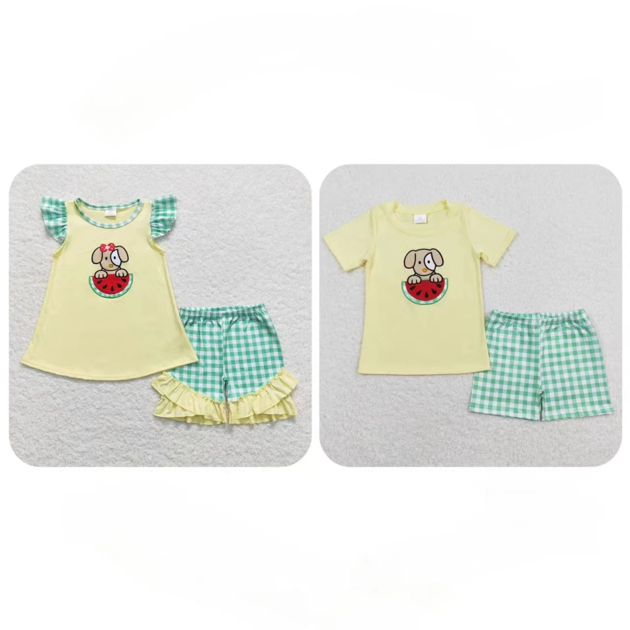 

Wholesale Children Short Sleeves Watermelon Dog Cotton Shirts Kids Green Plaid Shorts Baby Boy Girl Outfit Embroidery Summer Set