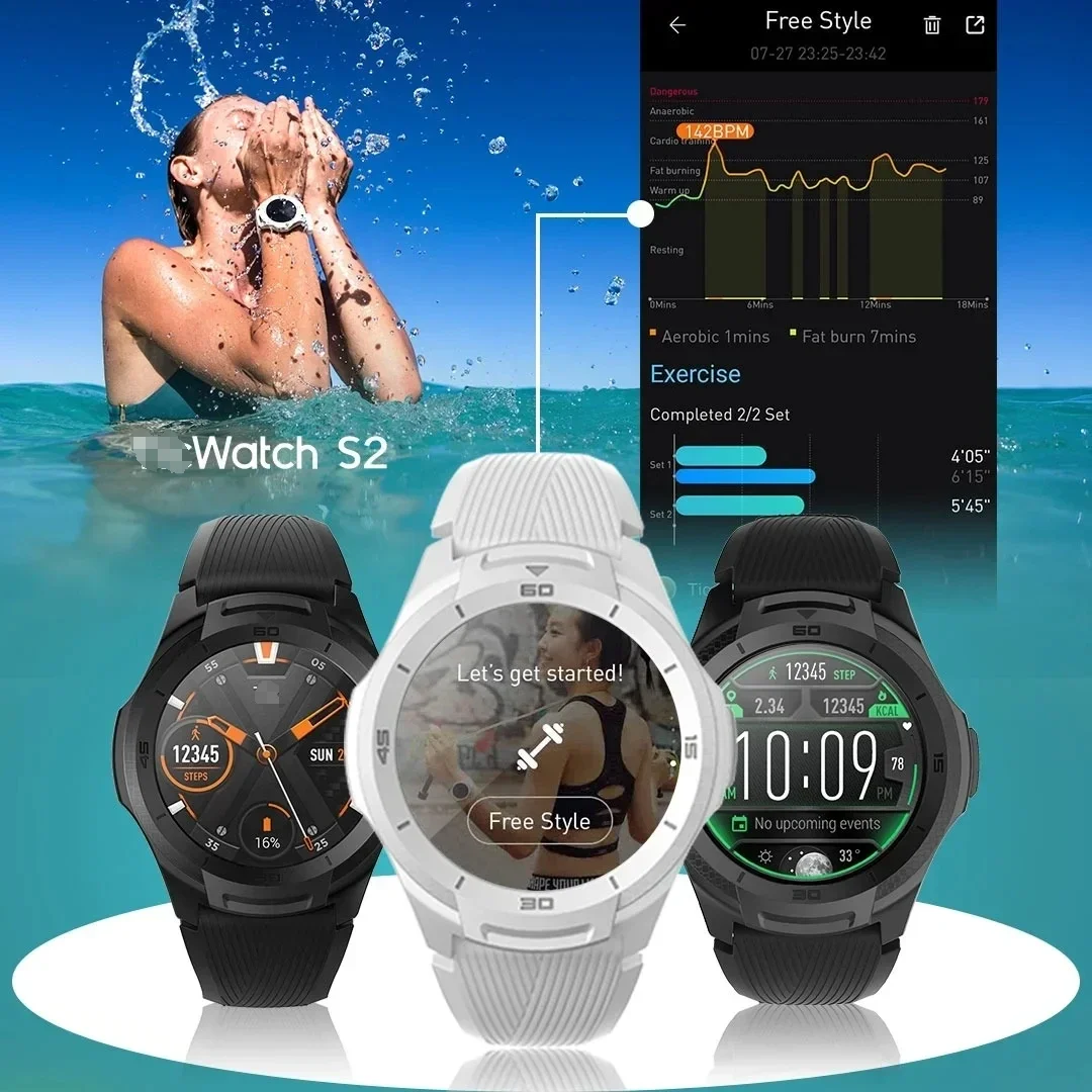 TicSmartwatch-S2 ارتداء نظام التشغيل من قبل جوجل ساعة ذكية ، المدمج في نظام تحديد المواقع ، على مدار 24 ساعة رصد معدل ضربات القلب ، 5ATM ، IP68 مقاوم للماء ، يصلح ل IOS و أندرويد