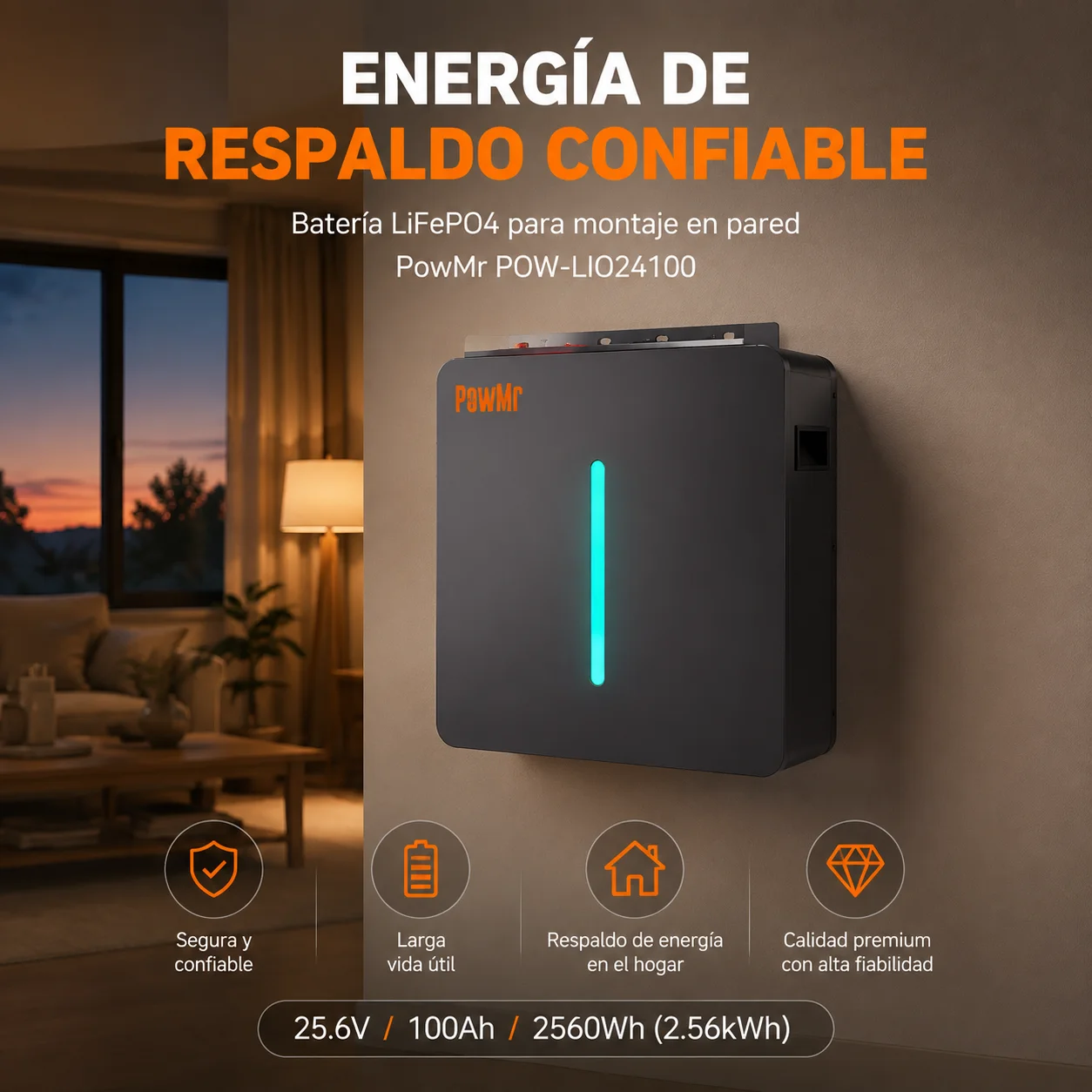 PowMr LiFePO4 Lithium Battery 25.6V 100Ah for Real Time Monitoring with Wall Mountable Bracket 2.56kWh up to 8 Units in Parallel for Residential Energy Storage RV Off-Grid Applications