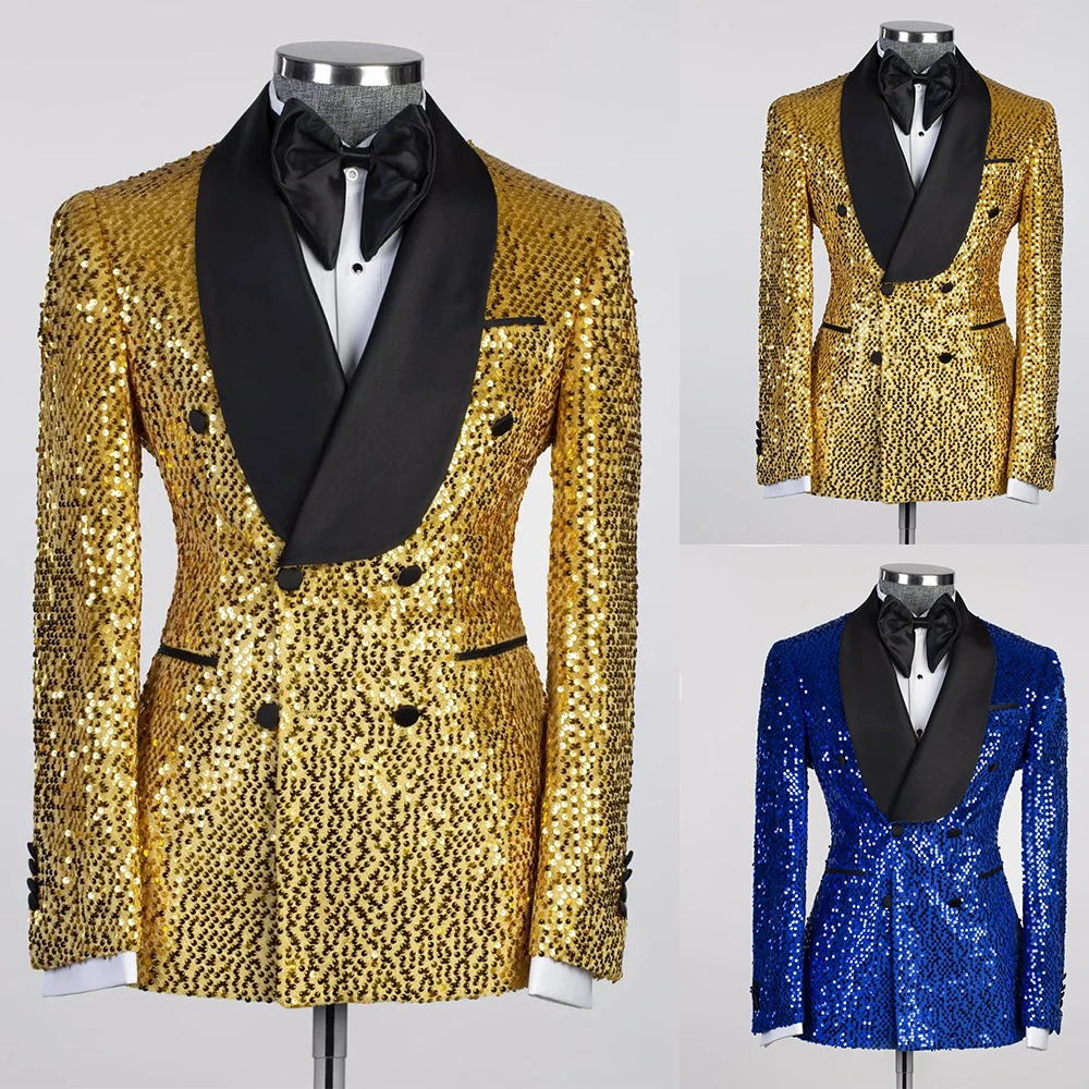 Golden Sequined Men Wedding Jacket Classic Fit Outfits Custom Made Mariage Party Prom Blazer Wear One Piece