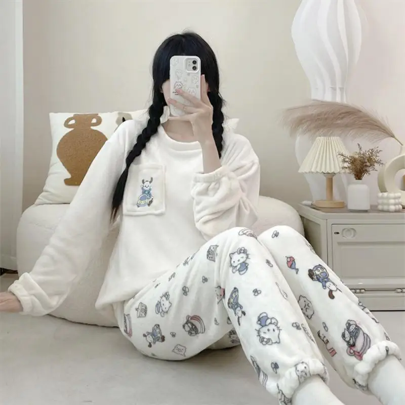 Cute Pochacco Plush Pajama Suit Sanrio Anime Hello Kitty Kuromi Coral Velvet Thickened Women Nightwear Winter Cartoon Homewear