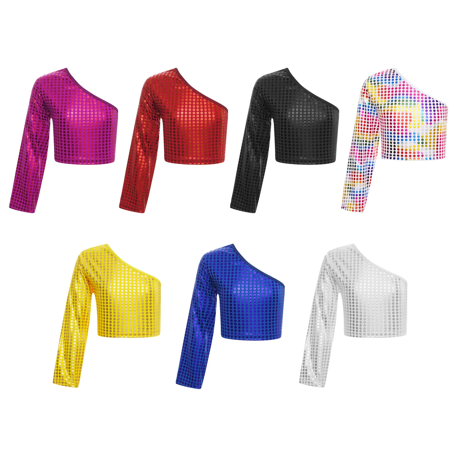 Kids Girls Boys Metallic Shiny Dots T-shirt Fashion One Shoulder Long Sleeve Crop Top Cheerleading Dance Performance Costume