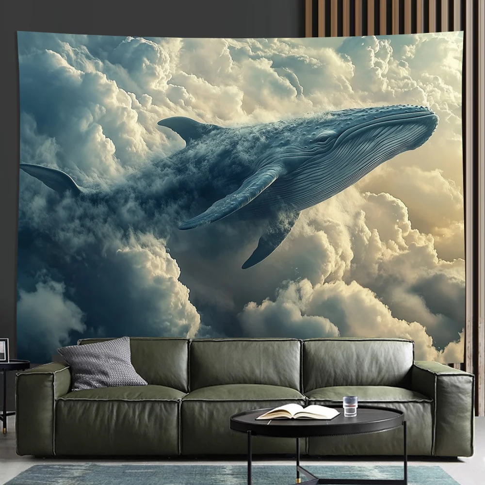 Flying Blue Whale Theme Digital printing polyester wall hanging tapestry decorative Living room bedrooms Office background gift