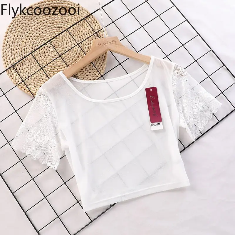 Women's Summer White Short-sleeved T-shirt Tulle Transparent Tight Lace Top High Strecth Women Clothing Slim Fit Crop Top