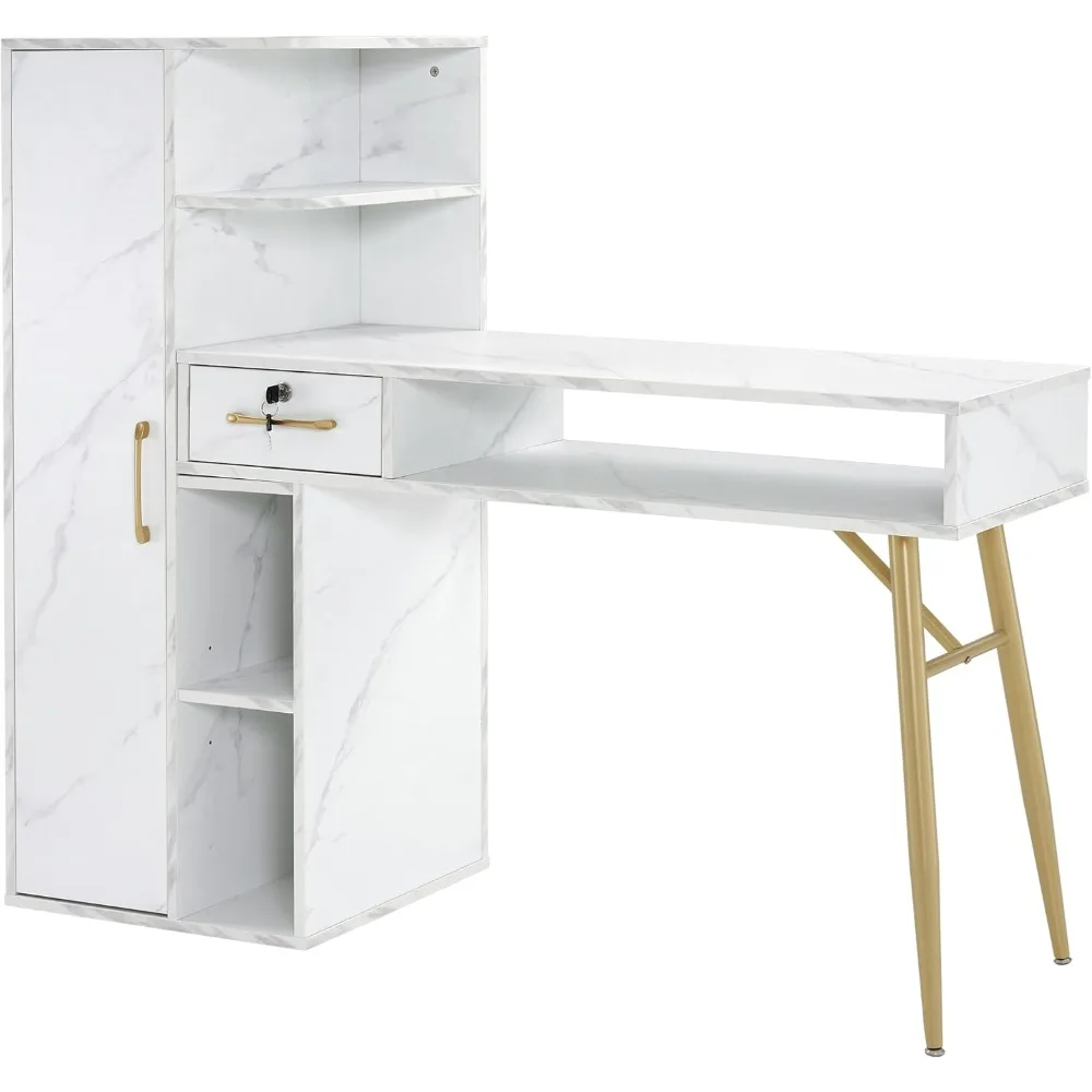 Manicure Table, Nail Desk with Marble Texture, Nail Table 1 Lockable Drawer, 1 Large 4-Tier Cabinet Door, Desk Nail Tech