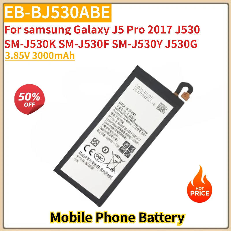 

Phone Battery EB-BJ530ABE 3.85V 3000mAh For samsungGalaxy J5 Pro 2017 J530 SM-J530K SM-J530F SM-J530Y J530G New High Quality