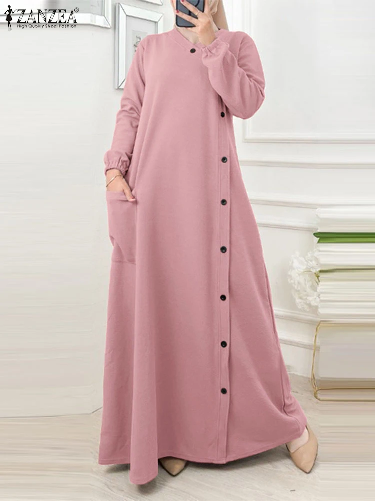 ZANZEA Autumn Vintage Long Sleeve Muslim Sundress Casual Eid Mubarek Solid Long Maxi Dress Women Fashion Ramadan Turkey Vestido