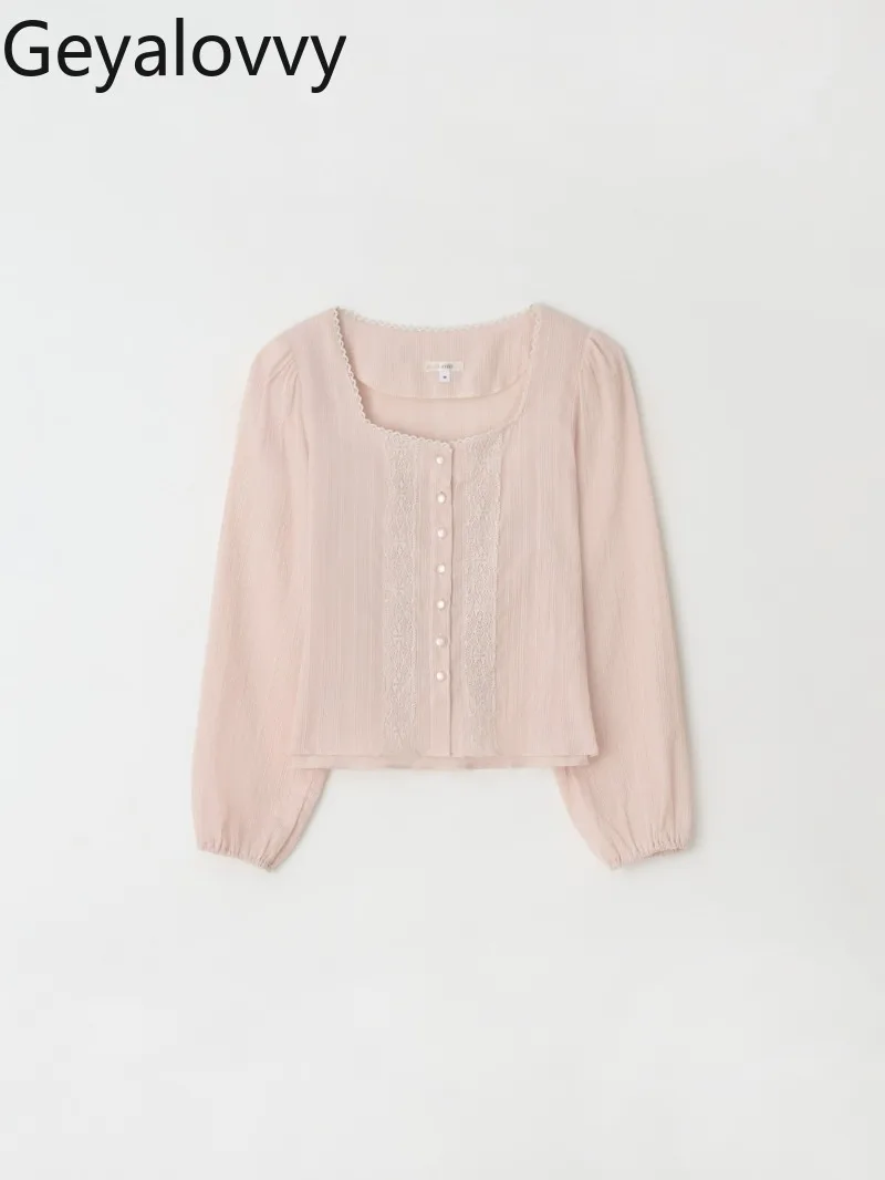 Koreański Niszowy Design Wiosna i Jesień Nowa Różowa Słodka Dziewczęca Delikatna Bluzka z Perłowymi Guzikami Haftowana Wyszczuplająca Koszula z Długim Rękawem