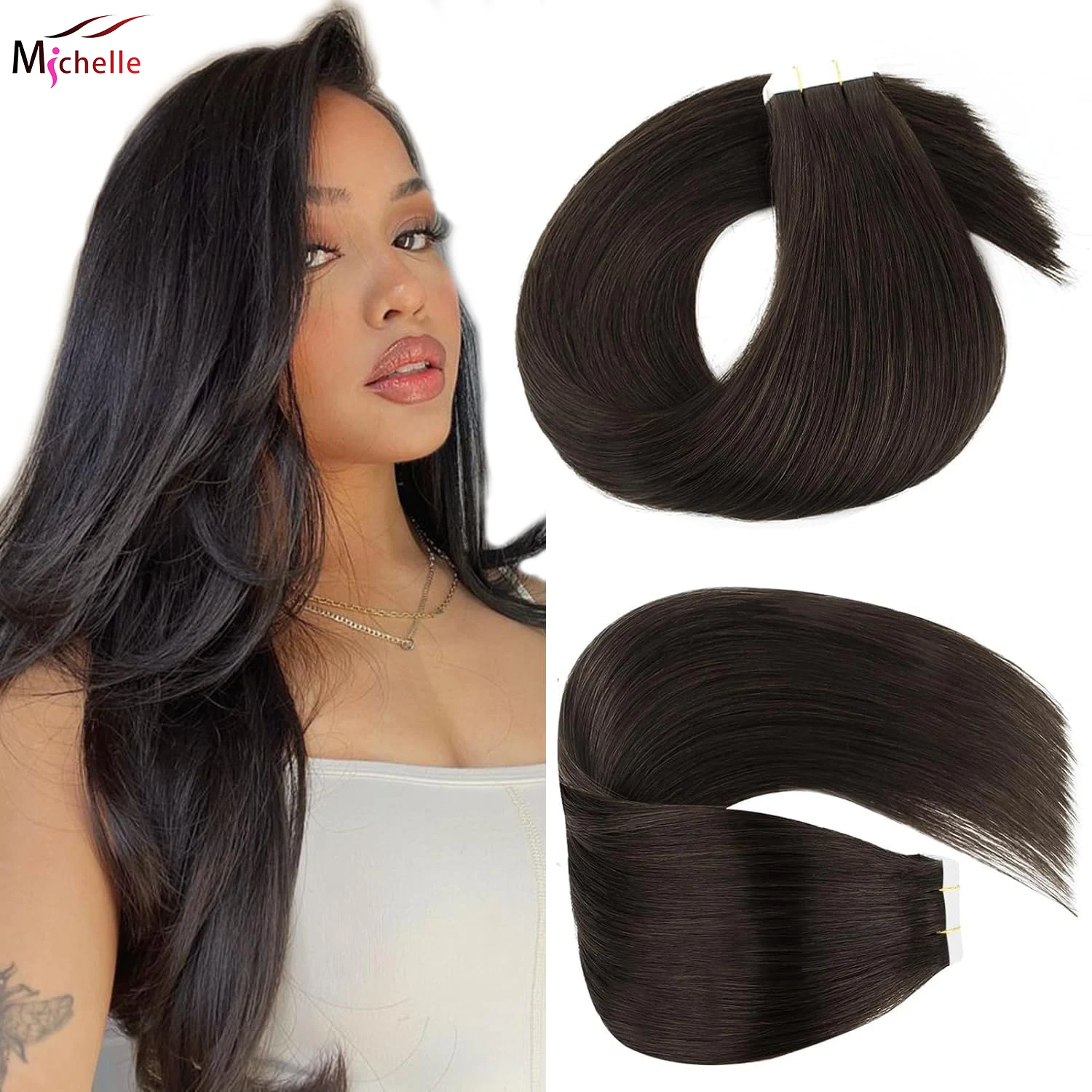 ナチュラルブラックストレートテープインヘアエクステンション-100-レミー人毛-シームレス-インビジブル-20ピース-50g-パック-テープインヘアエクステンション