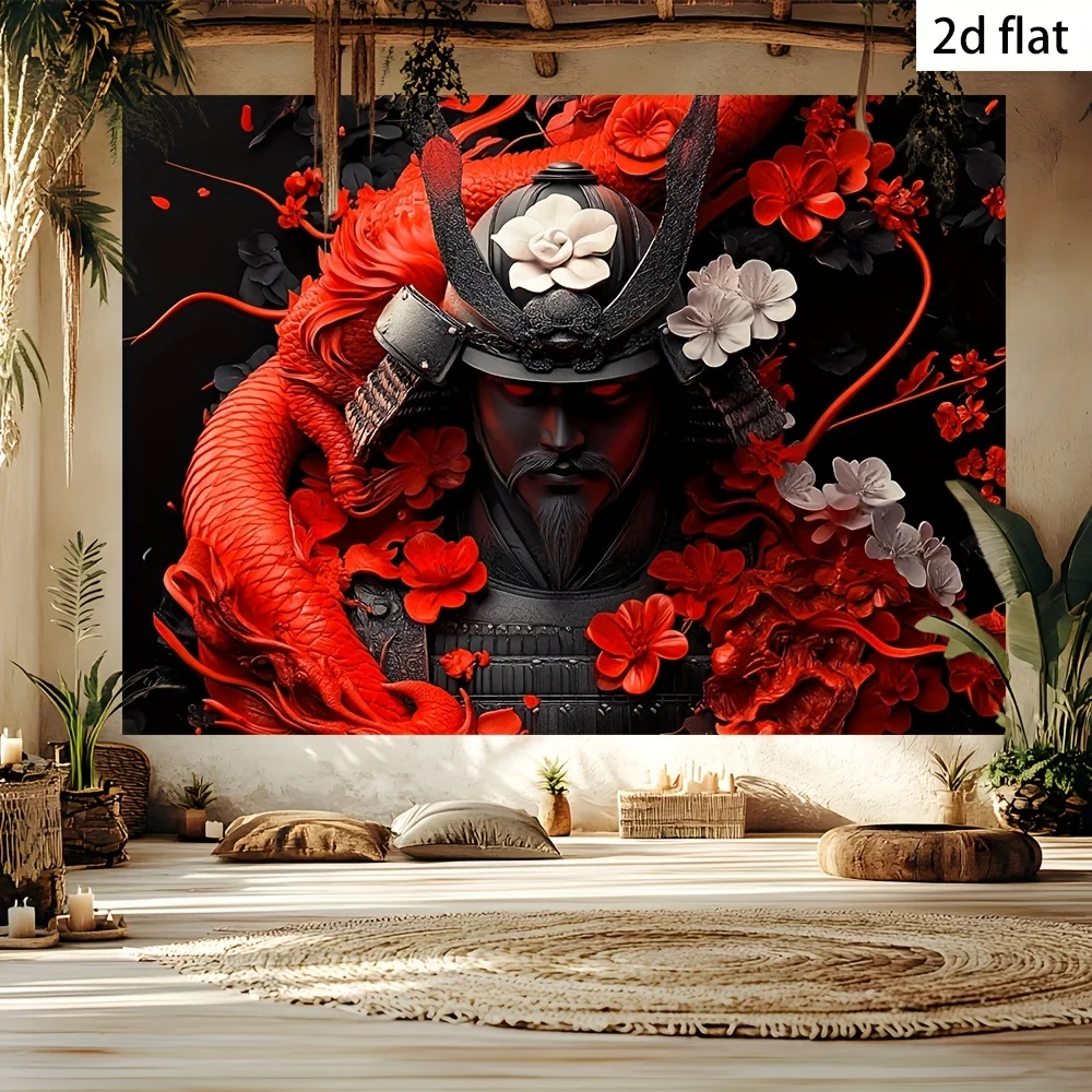 

2D Flat Samurai Warrior Background Cloth-Black Armor with Red Dragon and Floral Design Modern Polyester Decorative Tapestry