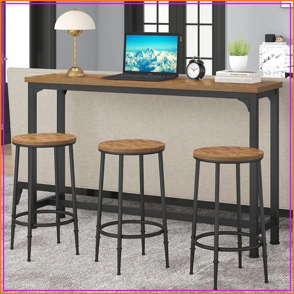 4 Piece Bar Table Set with 3 Stools, Counter Height Console Table for Living Room, Apartment (Brown)