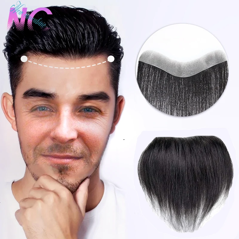 

New Concubine Synthetic Men's Front Hairline Wig V-shaped Straight Hair Natural Black Hairline Wig Toupee Thin Skin Hairpiece