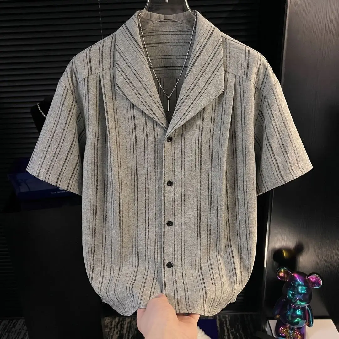 Fashion Old Money Style Striped Lapel Men's Summer Short-sleeved Shirt Retro Design Thin Shirt