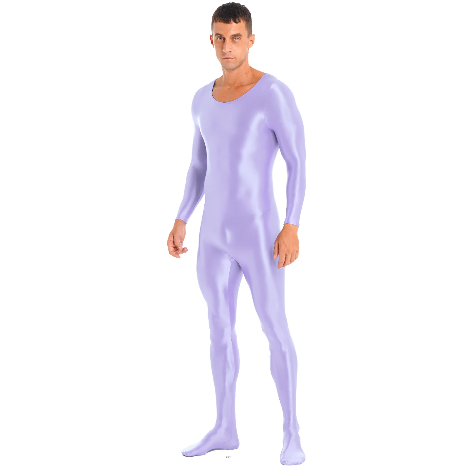 Mens Glossy Bodystocking Nightwear Long Sleeve Solid Color Stretchy Bodysuit Nightclub Clubwear Fitness Sportswear Sleepwear