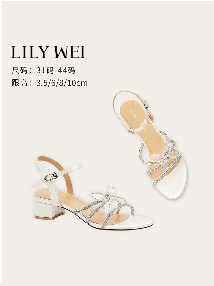 

Summer new rhinestone thin strap butterfly square heel low heel sandals thin high heel banquet large size small size women shoes