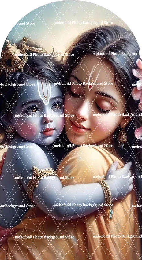 Mehofond Krishna Arch Backdrop Covers Yasodha and Krishna Peacock Party Natural Lanscape Decor 2-sided Chiara Background Cover