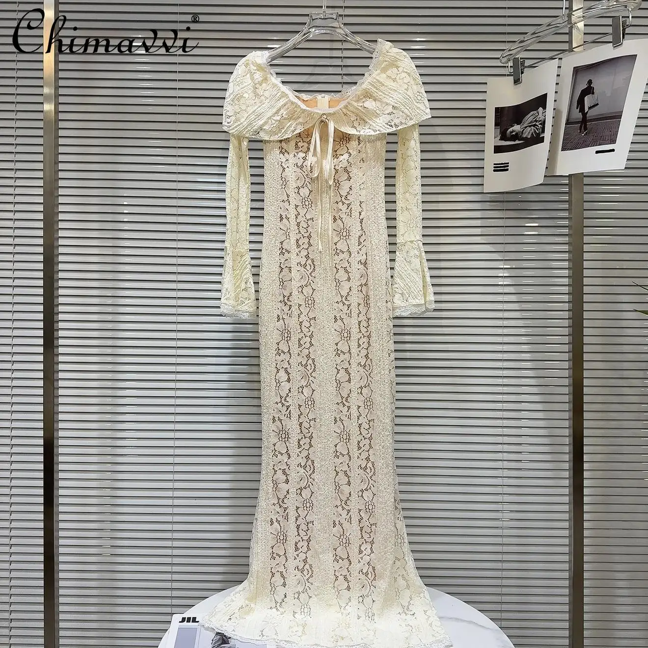 French Elegant Socialite Drawstring Off-Shoulder Long Sleeve High Waist Slim Hip-wrapped Lace Long Evening Dresses Women Autumn