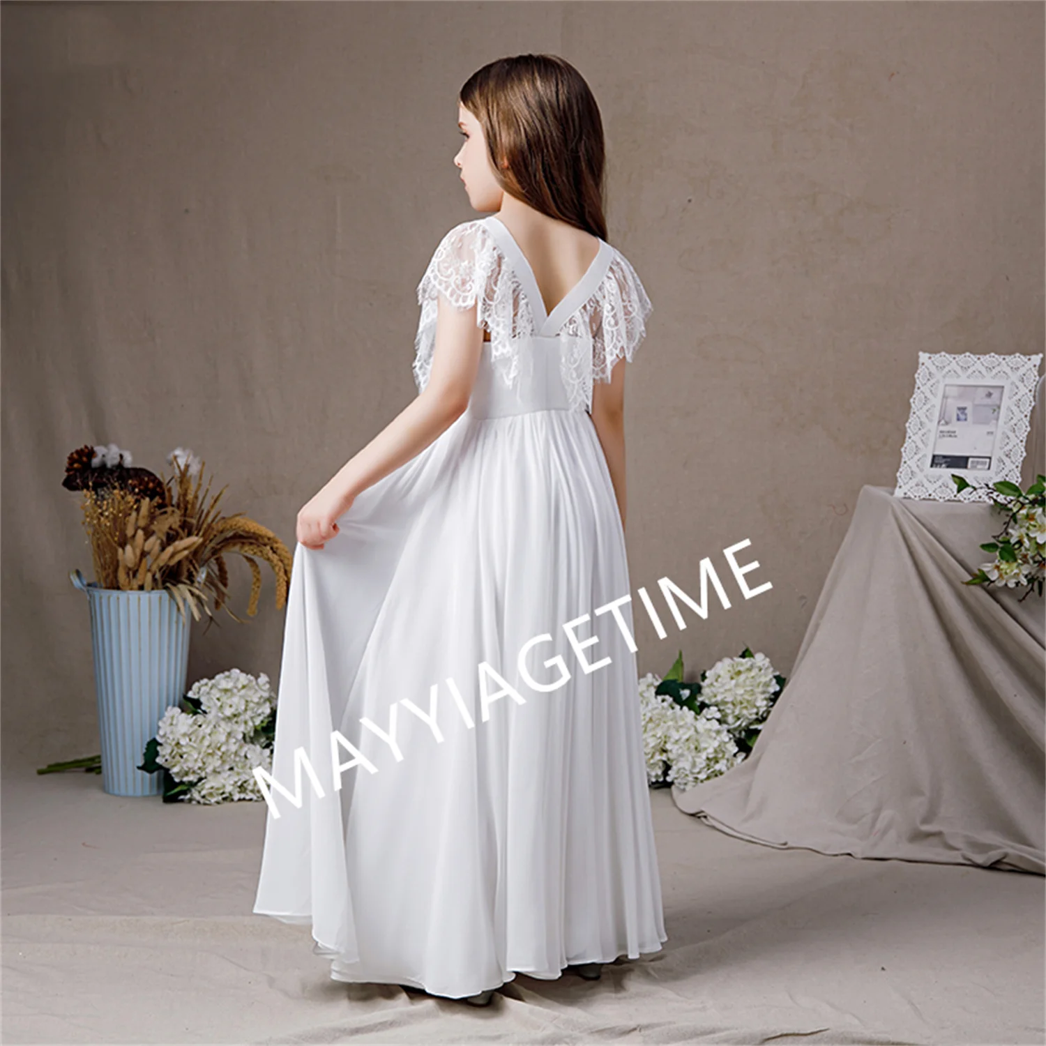 Robe Longue en Mousseline de Soie Blanche pour Demoiselle d'Honneur, Tenue de Première Communion à Manches Papillon, 2022