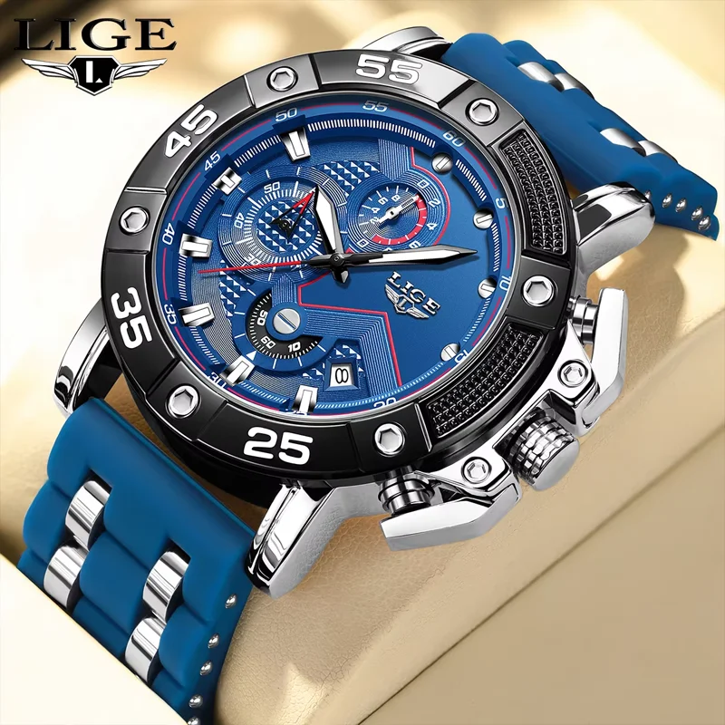 LIGE Business Watch Men Fashion Military Sports Quartz Men Watch Silicone Waterproof Big Dial Chronograph Relogio Masculino+BOX