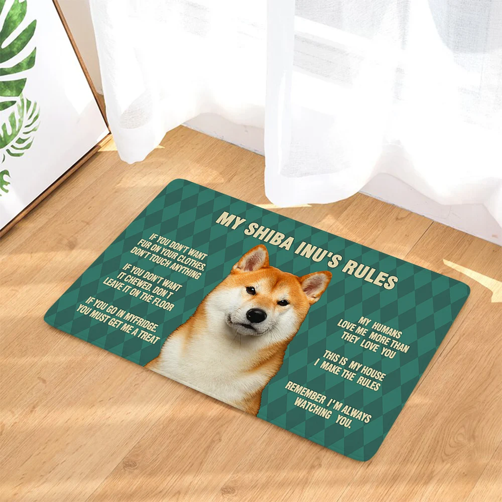 My Shiba Inu Rules Doormats Green Aninals Dog Diamond Plaid 3D Printed Flannel Indoor Door Mats Bath Rugs Carpets Home Deco