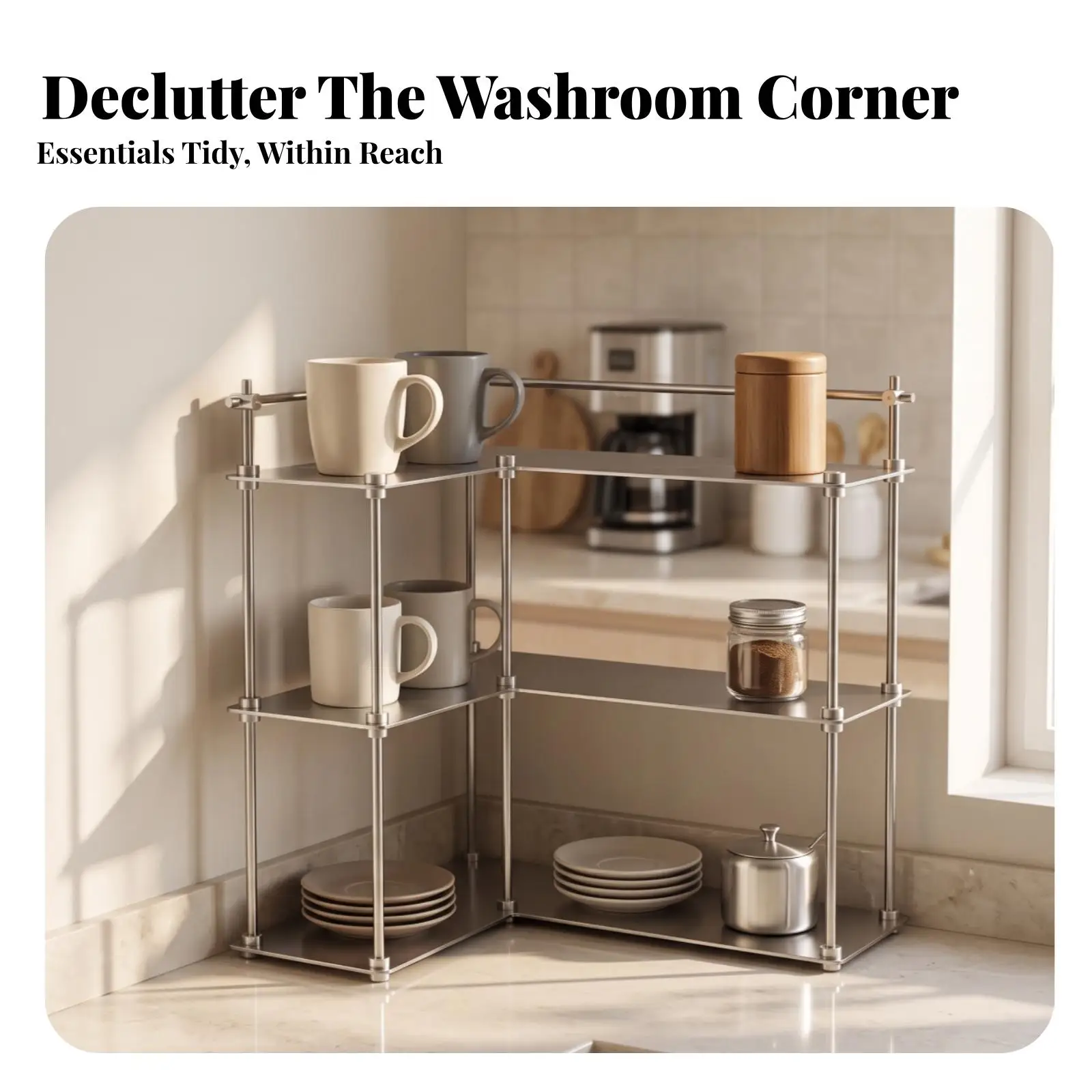 Right Angle Corner Shelf Rack for Kitchen Counter Storage Metal 3 Tier Organizer with Safety Guard Rail for Cups