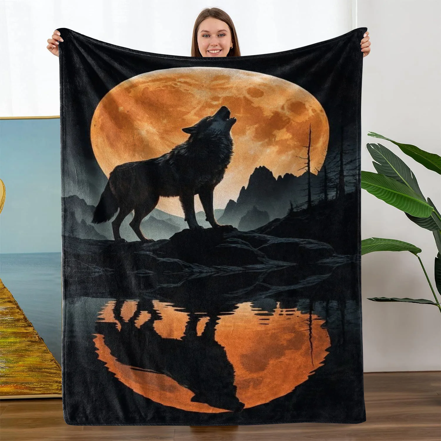 Aesthetic Wolf Howling at Full Moon Blanket Throw for Rustic Boho Night Decor Wilderness Cozy Gift for Couch