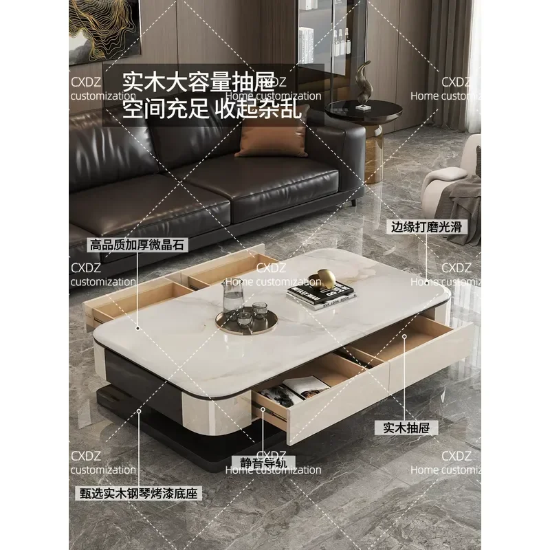 Solid Wood Coffee Table with Microcrystalline Stone Top Modern Rectangular Storage Tea Table for Living Room High End