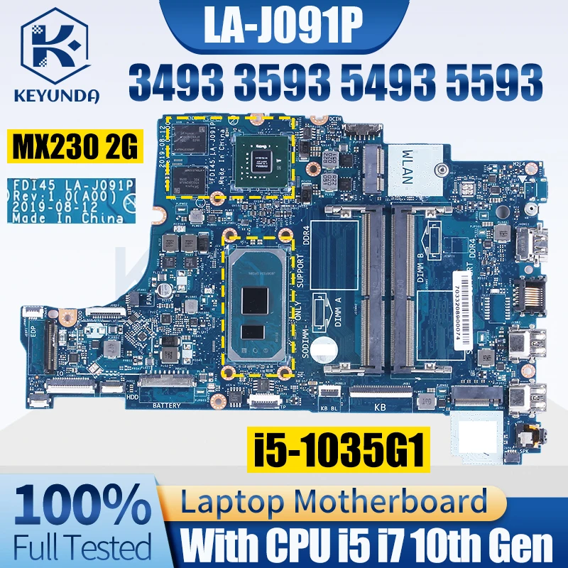 For Dell Inspiron 3493 3593 5493 5593 Notebook Mainboard  Laptop LA-J091P 035VMP 0N18YD i5 i7 10th GPU 2G Laptop Motherboard