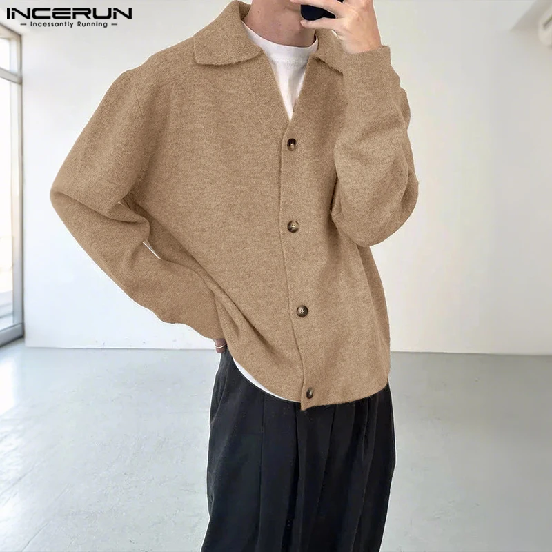 INCERUN-cárdigan de punto de Color liso para hombre, suéter de manga larga con solapa para hombre, suéter informal holgado de estilo coreano 2025, abrigos para hombre