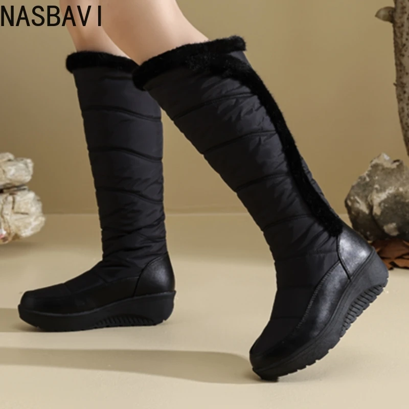 

Black Women's High Snow Boots Platform Warm Fur Plush Winter Mother Shoes Waterproof Fashion Casual Wedge Knee High Rain Boot
