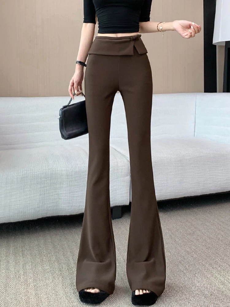 

Women's autumn American style design sense high waisted casual pants slim fit solid color veersatile micro flared pants