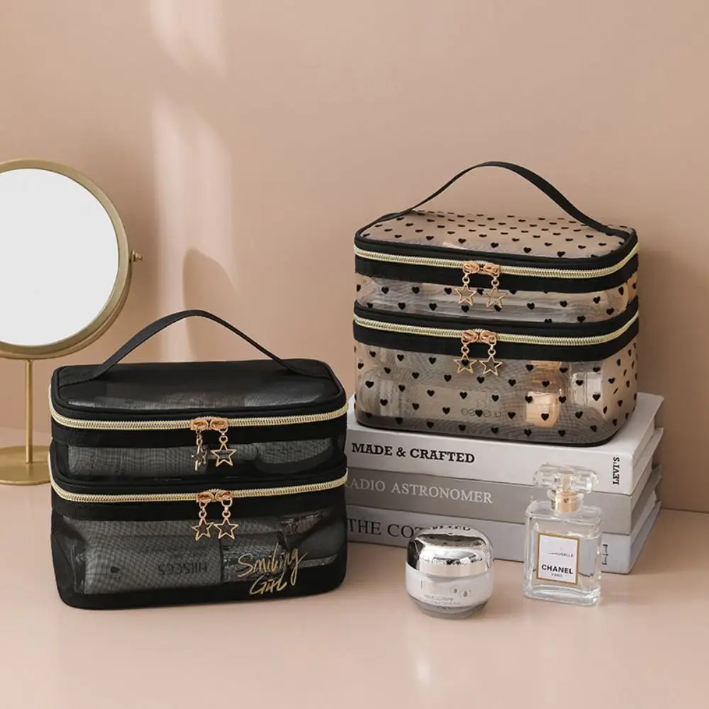 New Nylon Makeup Bag Black Grey Nude Double-layers Toiletry Bag Large Capacity Travel Cosmetic Bag Women