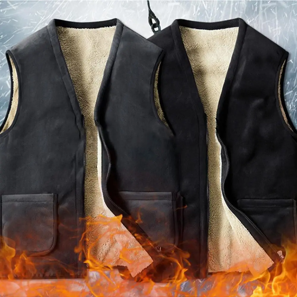 Men Vest Jacket Winter Men's V-neck Sleeveless Waistcoat with Plush Lining Pockets Thickened Bottoming Warm Vest Jacket for Cold