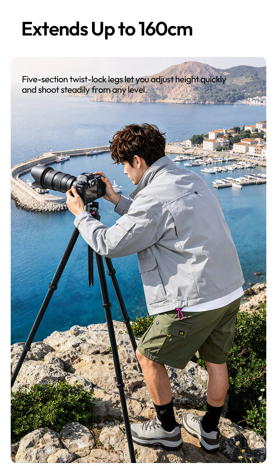 Ulanzi TZ01 Vielseitiges 2-in-1 Carbonfaser-Stativ Max. 1,6M Stativ mit Mini-Stativsäule für DSLR-Kamera für Outdoor-Reiseaufnahmen – Detail 9