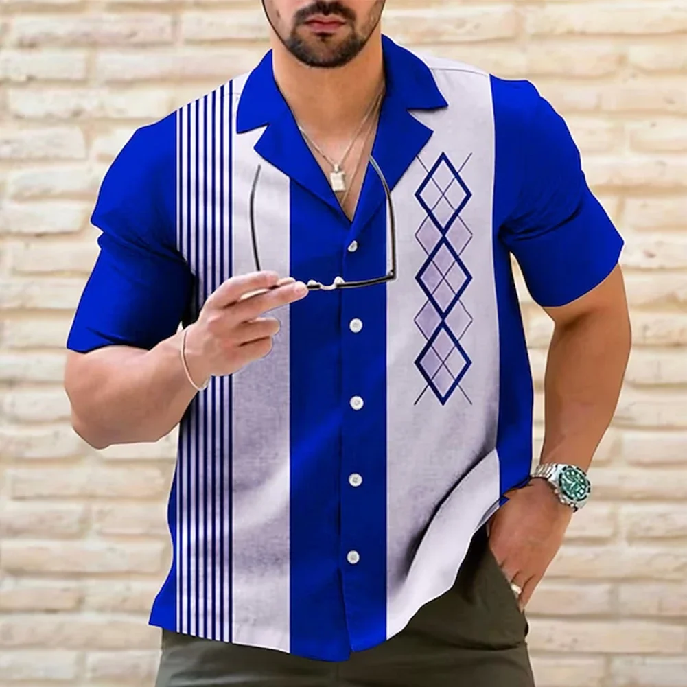 Camisa de boliche listrada arrojada masculina, manga curta, abotoar, traje perfeito para cenas casuais e de festa, Vintage, retrô