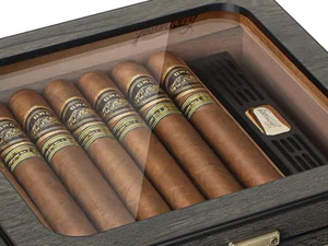 Zigarre-Humidor, Glas-Desktop-Box mit digitalem Thermo-Hygrometer, Luftbefeuchter, Trennwand, Zubehör, Schublade und Zahlenschloss – Detail 7