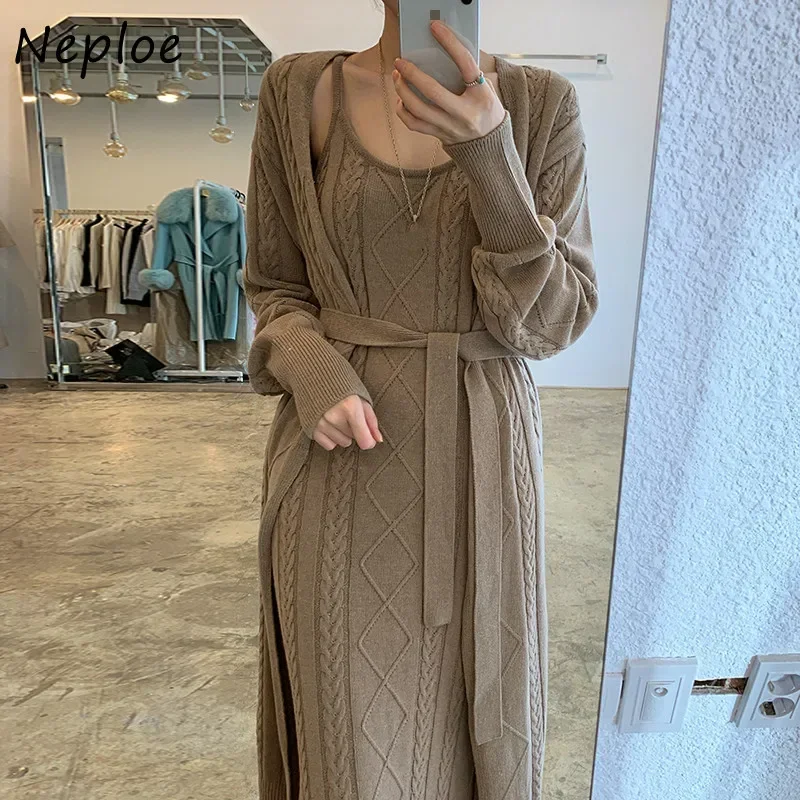 Neploe 2024 Autumn New Twist Patchwork Dress Chic Long Knitted Sweater Dresses Solid Color Sexy Camis Split Femme Vestidos